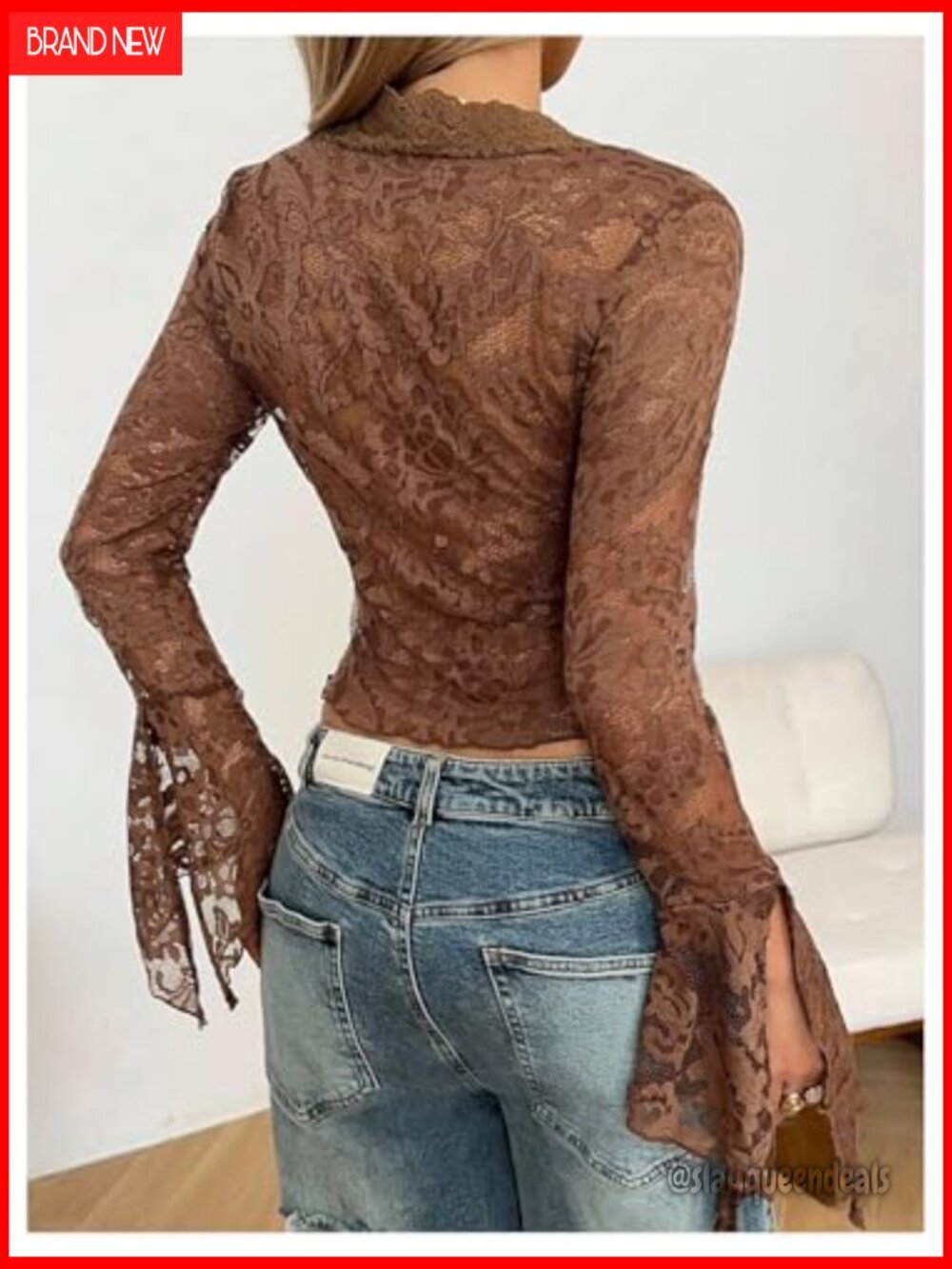 Floral Lace Bell Sleeve V-Neck Scallop Mesh Crop Top T Shirt - Picture 3 of 5